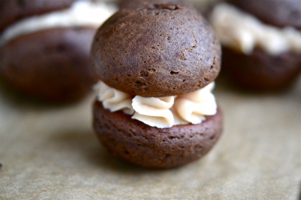 Mini Chocolate Peanut Butter Whoopie Pies – with Salted Caramel Filling