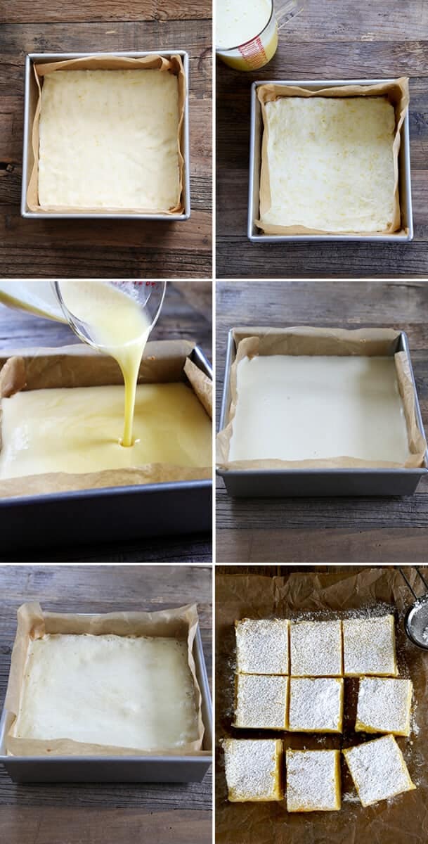 A simple lemony shortbread crust with a tart, refreshing lemon custard, these gluten free lemon bars are so easy to make. Perfect for any potluck! https://glutenfreeonashoestring.com/gf-lemon-bars-for-dad-plain-lemons-for-me/