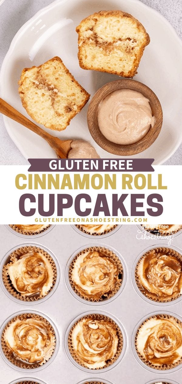 Cinnamon Roll Cupcake sliced in half on a white plate with frosting and raw cupcake batter in a muffin tin