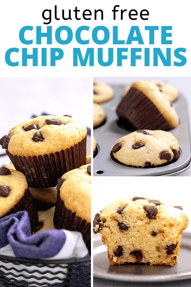 Words gluten free chocolate chip muffins with images of Chocolate Chip Muffins in a pile in a wire basket, in a muffin tin, and one muffin cut in half on a small pewter plate