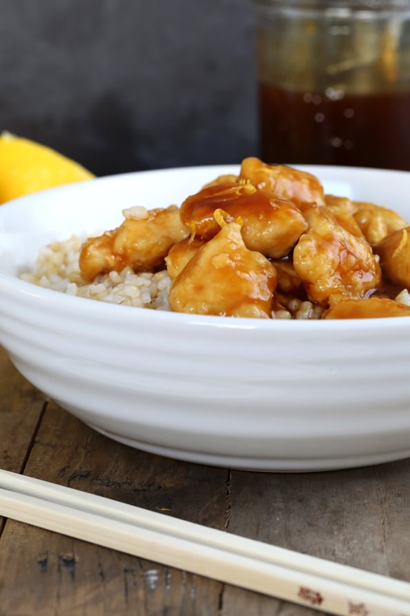 lemon chicken and rice in a bowl 