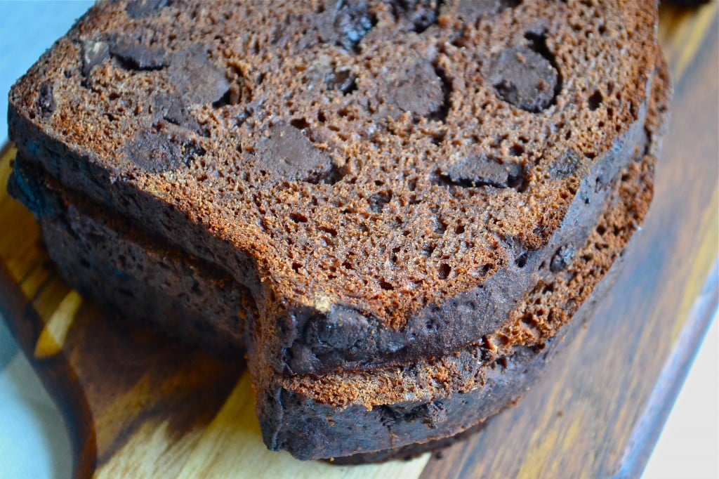 A close up of a piece of chocolate bread