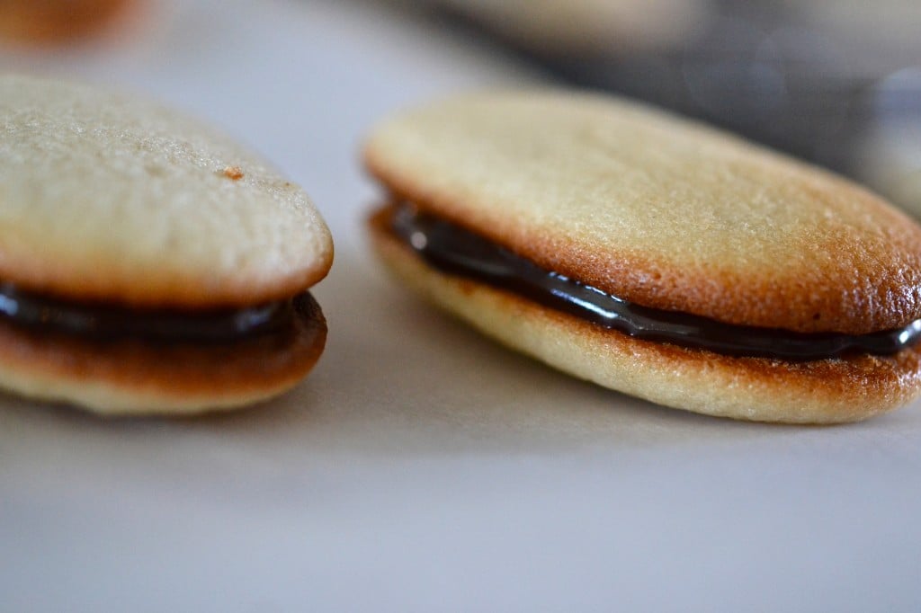 A close up of Milano Style Copycat Cookies on white surface 