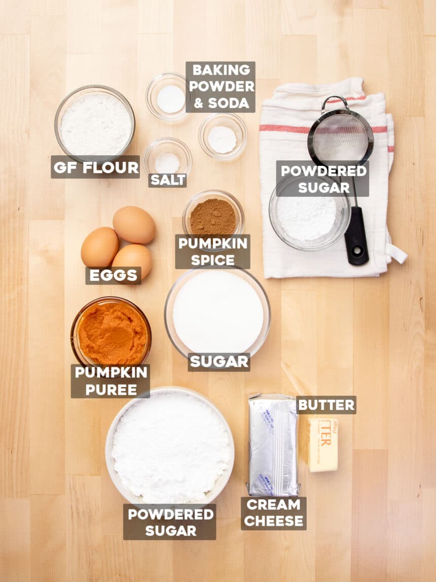 overhead image of gluten free pumpkin roll ingredients in round bowls