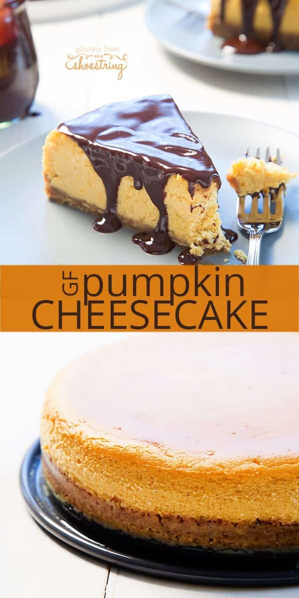 A piece of pumpkin cheesecake in white surface with chocolate on tip and a fork and overhead view of pumpkin cheesecake 