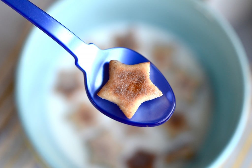 A close up of cereal on a spoon