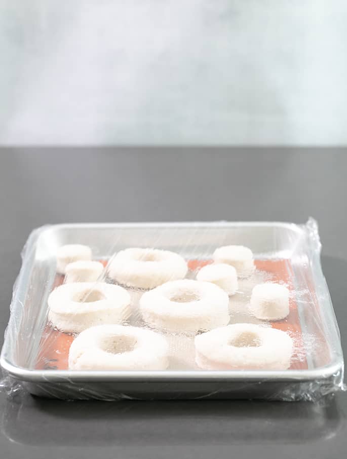 Shaped donut dough rising on a platter with plastic wrap