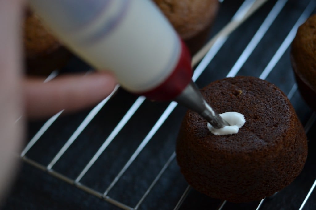 Close up of Chocolate Topped Gingerbread Cupcakes with Marshmallow Creme Filling