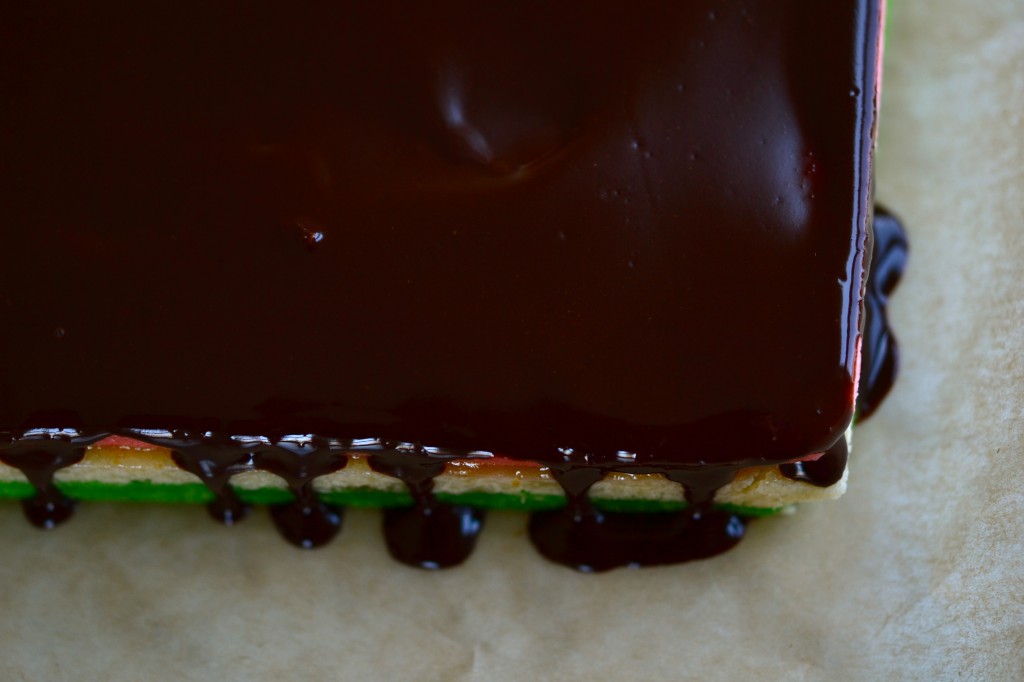 Overhead view of rainbow cake