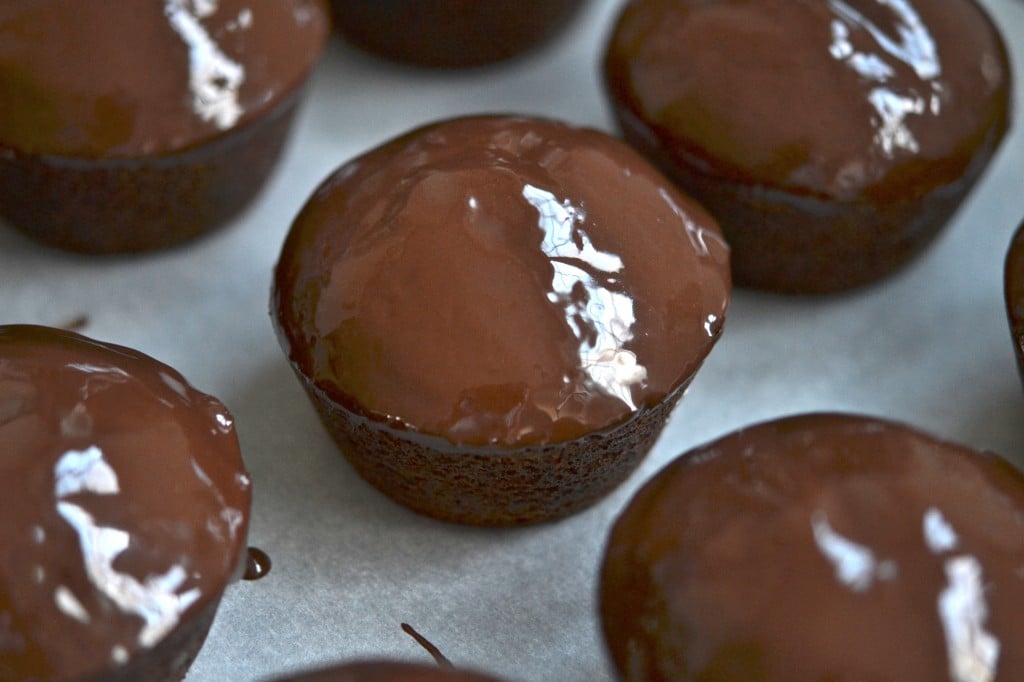 A close up of Chocolate Topped Gingerbread Cupcakes with Marshmallow Creme Filling