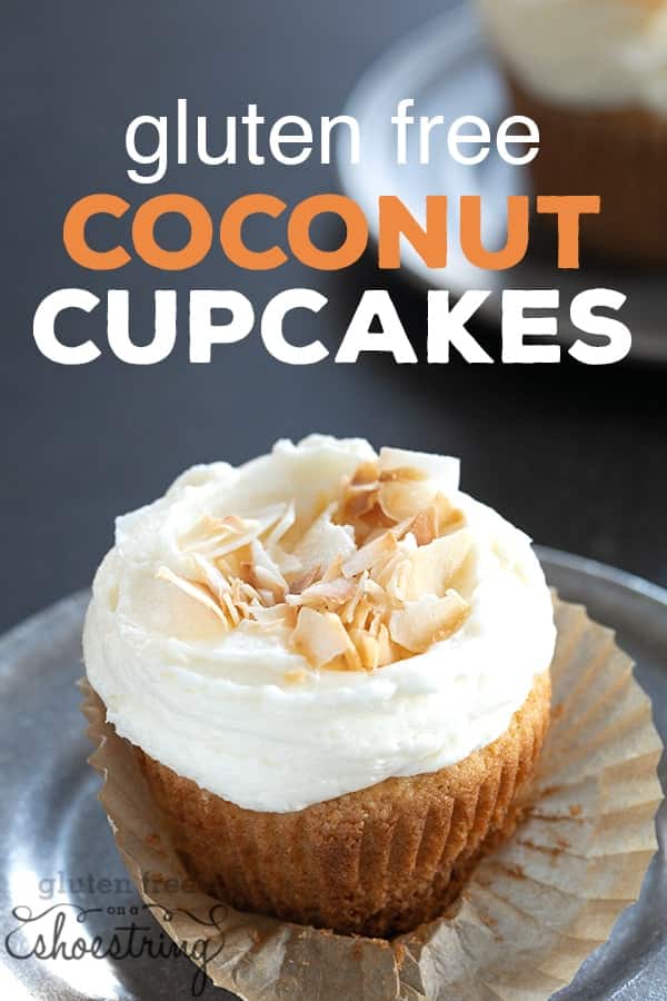 These elegant gluten free coconut cupcakes are made with real coconut chips ground into the sugar, plus coconut extract, for maximum coconut flavor. #glutenfree #gf #coconut #cupcakes #gfcake