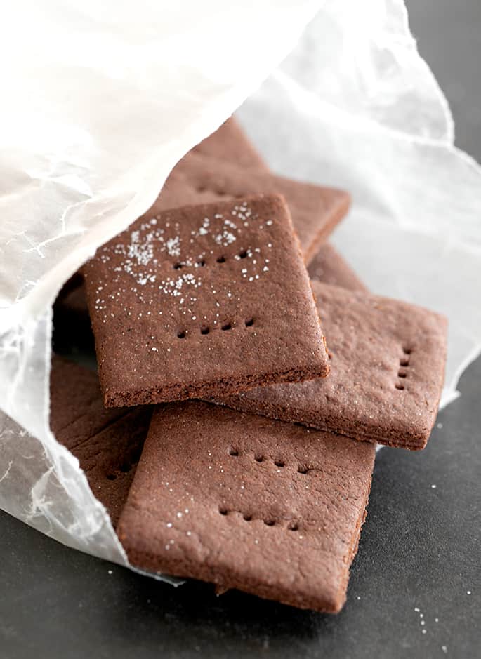 Closeup image of chocolate graham crackers showing texture