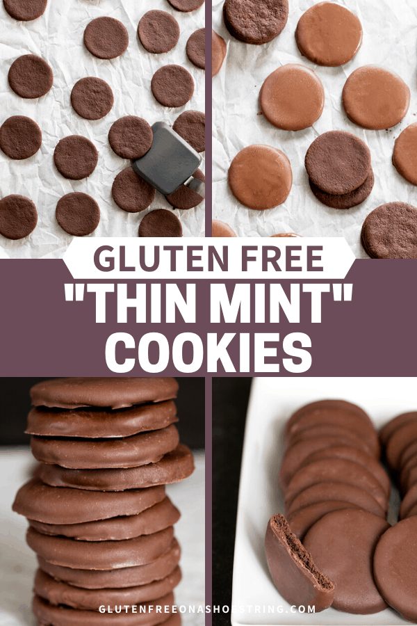 Four images that show gluten free Thin Mints cookies with and without chocolate coating.