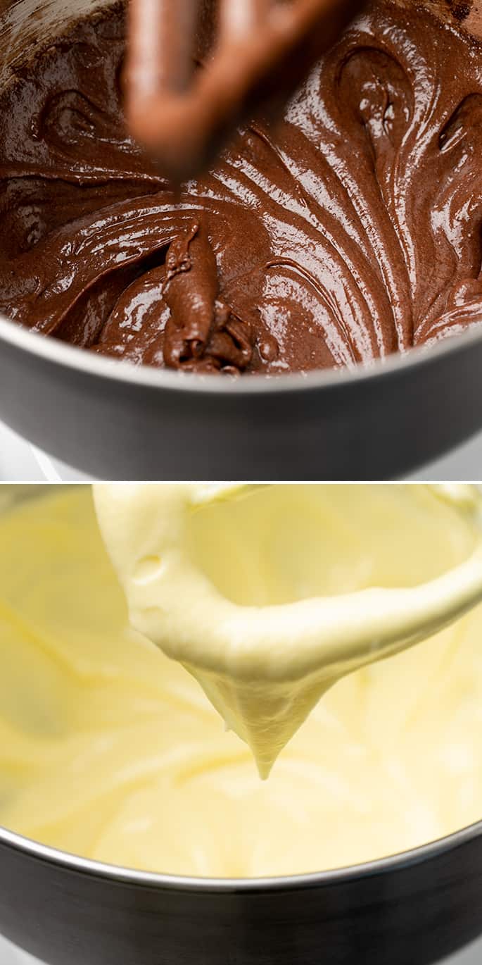 Brownie batter in mixing bowl on top, cheesecake batter in mixing bowl on bottom