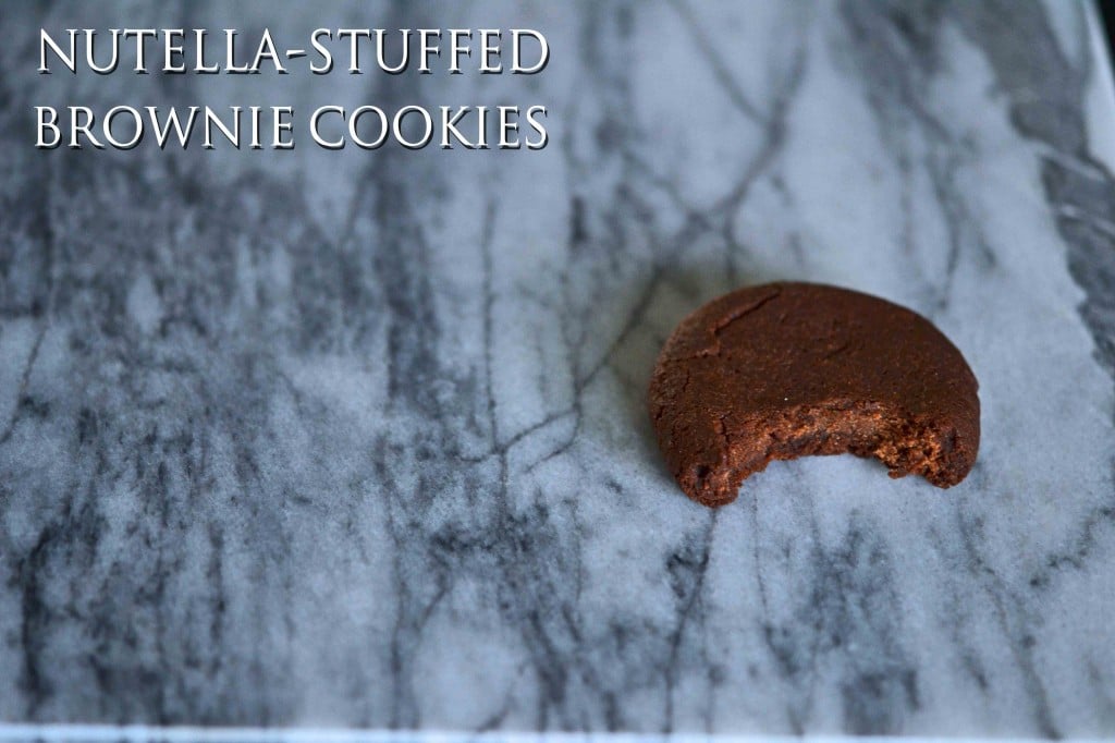 A close up of inside a Nutella stuffed brownie cookie