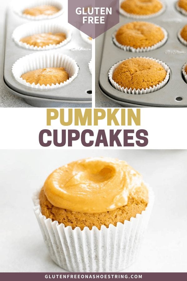 Pumpkin cupcake batter in muffin tin, baked in muffin tin, and outside the tin with pumpkin glaze