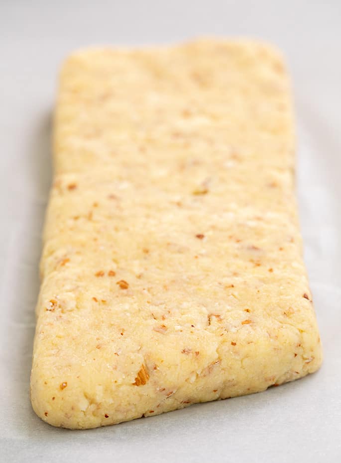 Raw biscotti dough shaped in rectangle