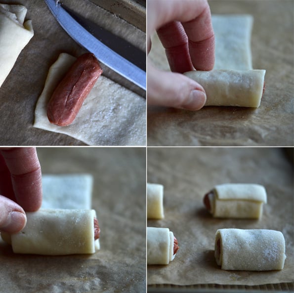 Pigs in a blanket being assembled 