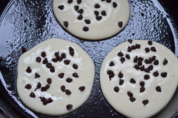 Close up of pancake batter with chocolate chips