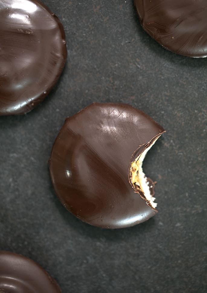 Overhead image of a tagalong cookie with a bite