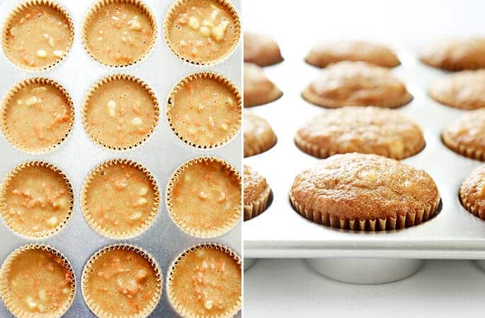 Overhead image of raw light brown cupcake batter with orange flecks in wells of muffin tin and side view of baked light brown/orange colored muffins in metal tin