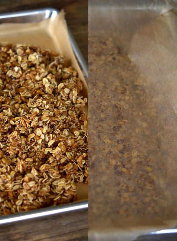 Close up of granola bars in metal dish