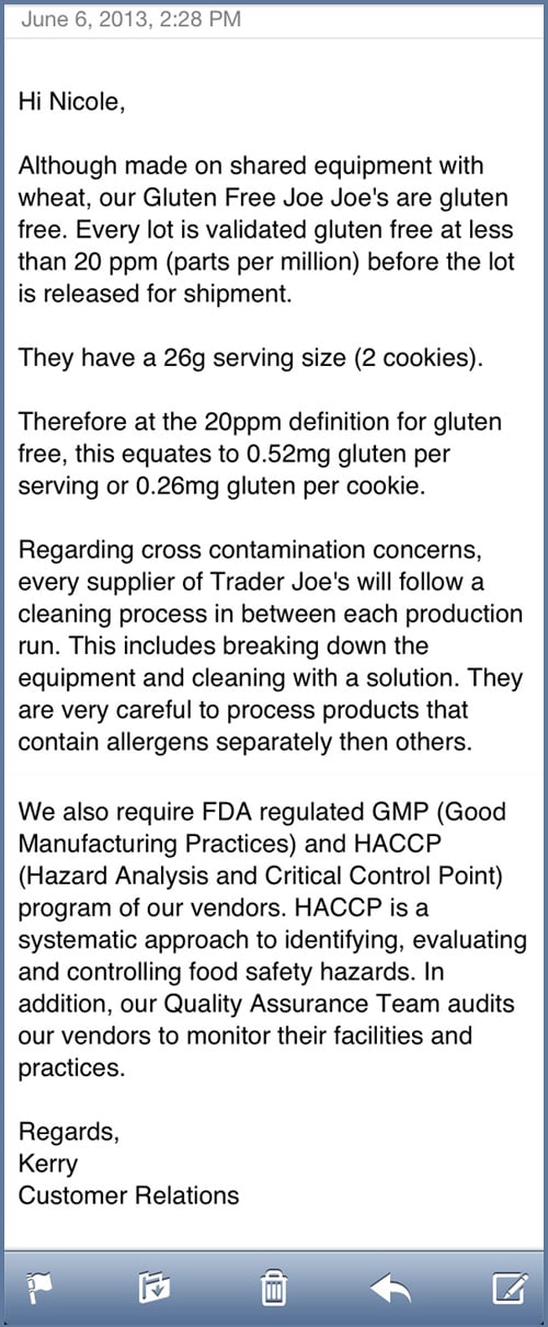 Image of Trader Joe\'s description of whether or not these cookies are gluten free