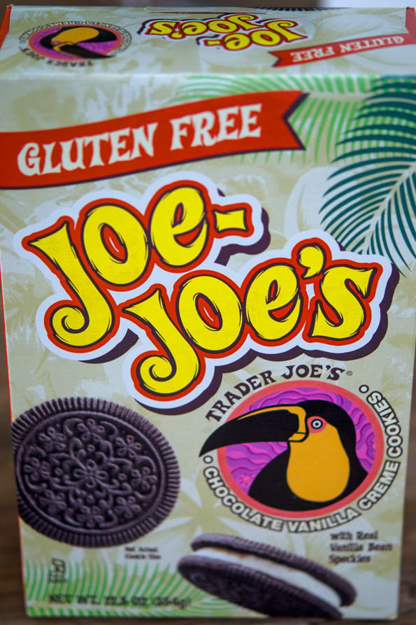 A close up of a package of Trader Joe\'s Gluten Free Joe-Joe\'s Chocolate Sandwich Cookies