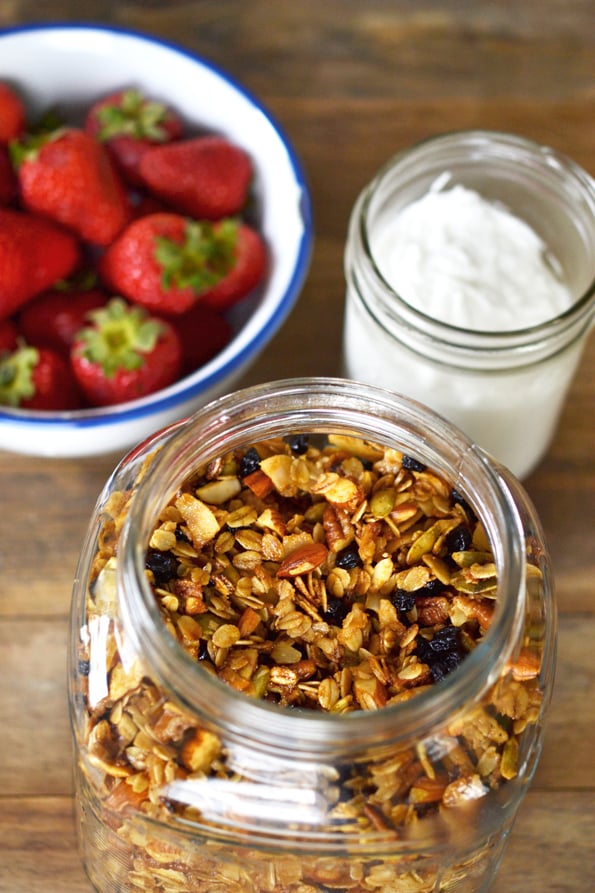 Overhead view of granola in a jar