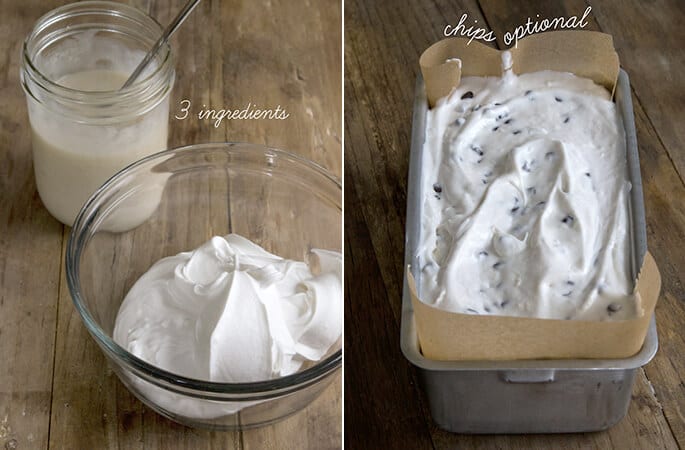 Ice cream ingredients in a clear bowl and ice cream in a metal tray with chocolate chips