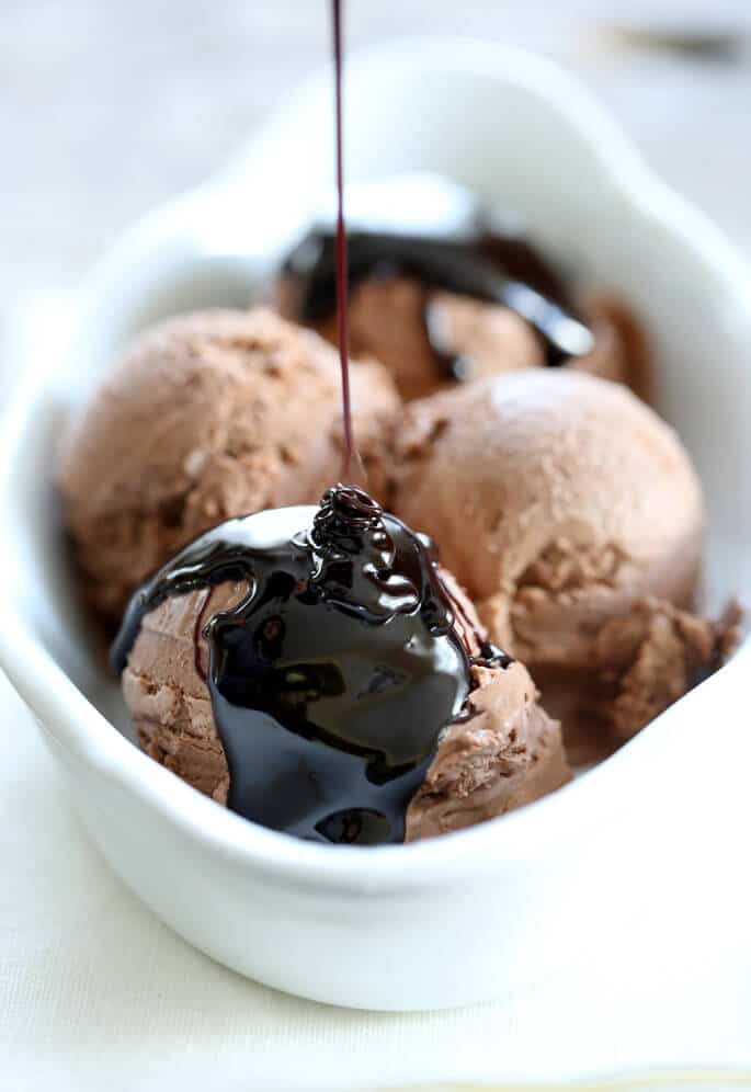 Close up of chocolate syrup being poured on chocolate ice cream in white bowl 