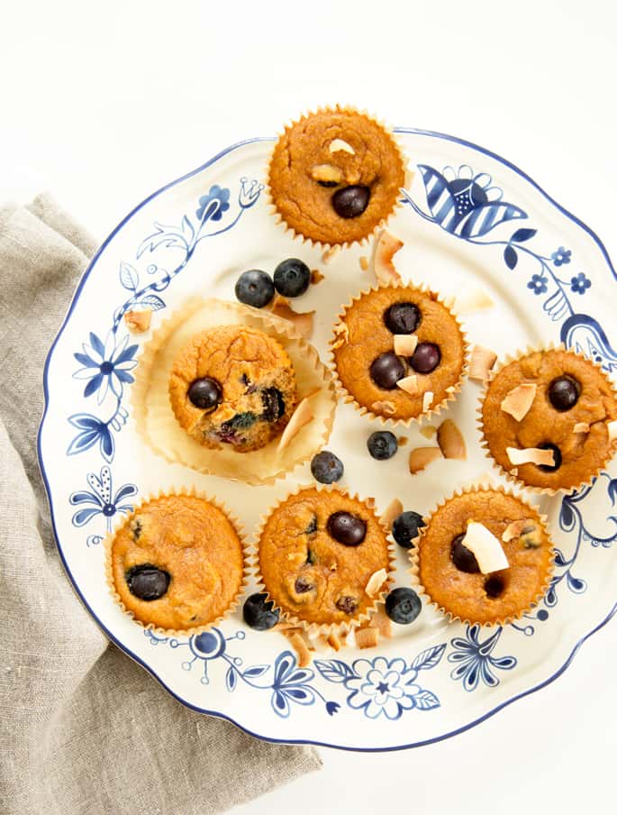 Overhead view of blueberry muffins on a white plate 