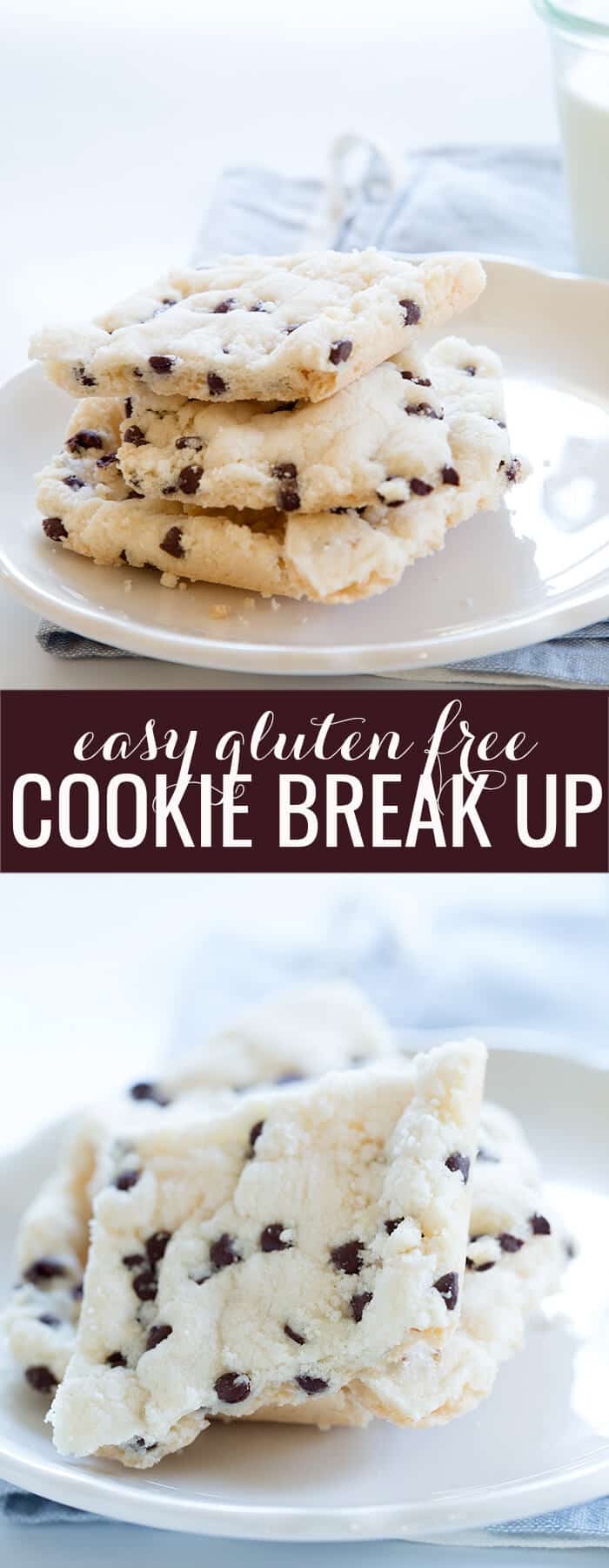 Side view of a stack of cookie break up in white plate and piece of cookie break up below 