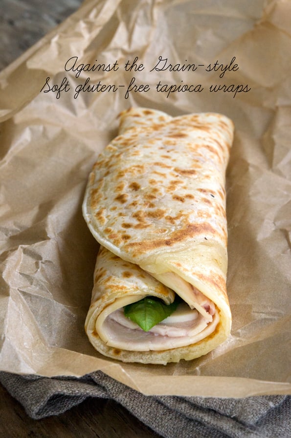 Close up image of a soft tapioca wrap rolled into a turkey sandwich