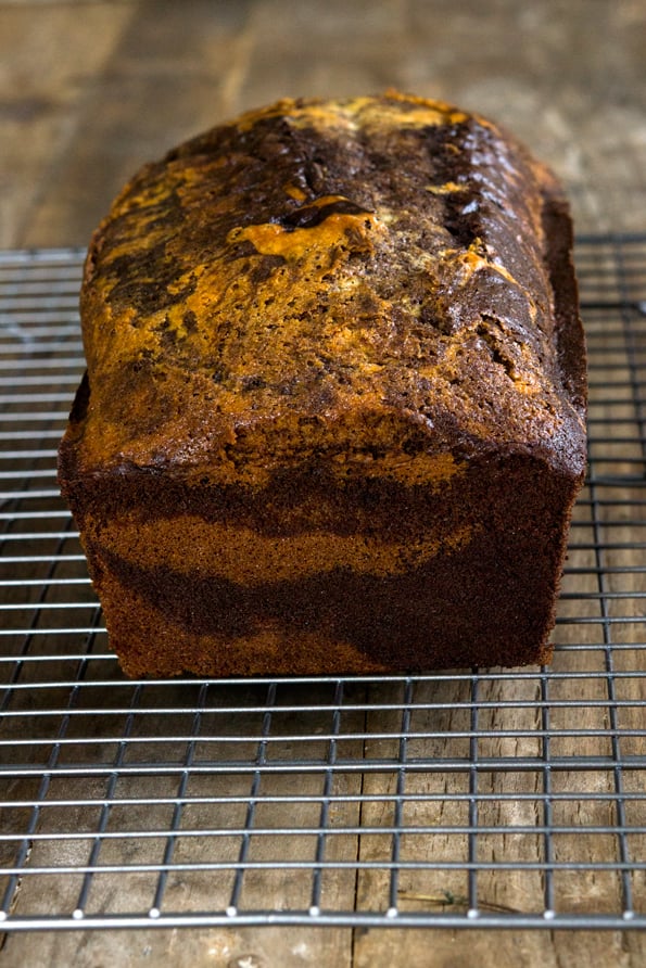 Marble loaf cake on metal tray