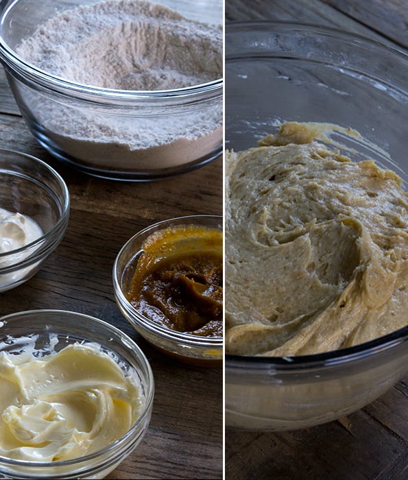 A bowl of ingredients and donut batter on wooden surface 