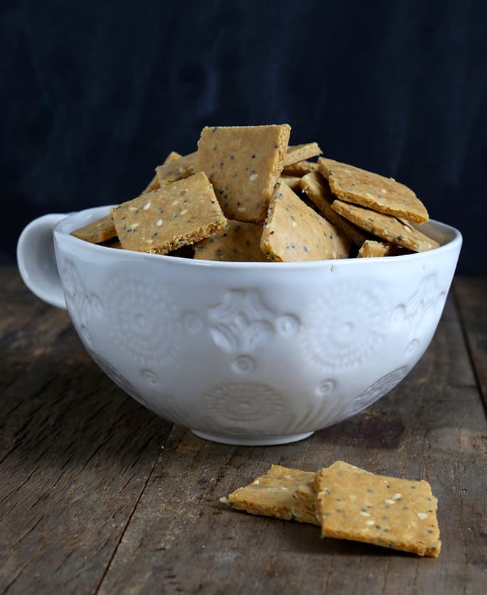 Paleo crackers, made with almond flour and a touch of tapioca flour, baked low and slow, make for a truly crispy, crunchy cracker.