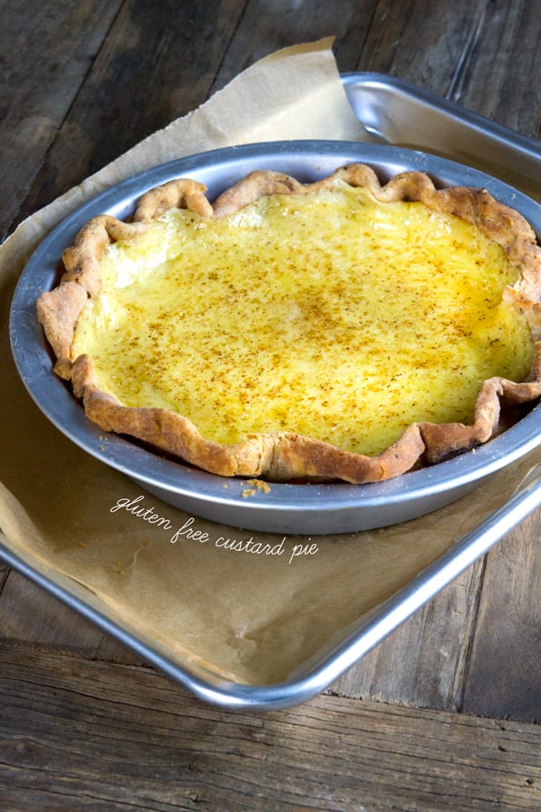 Custard pie in a metal pie dish