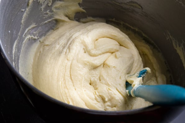 Pound cake dough in bowl with spatula