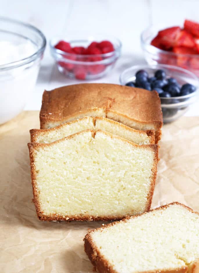 Baked and sliced gluten free pound cake served with an assortment of mixed berries. 