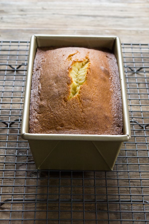 Gluten free pound cake in metal loaf pan