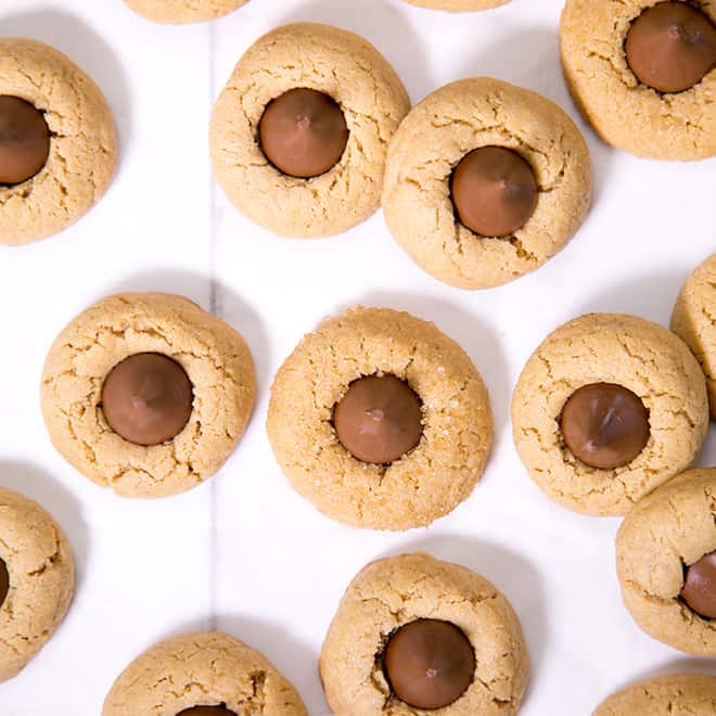 Gluten free peanut butter blossom cookies. Soft peanut butter cookies with a thin, crunchy and sugary shell. Press a chocolate kiss into the center the minute they come out of the oven and make something special.