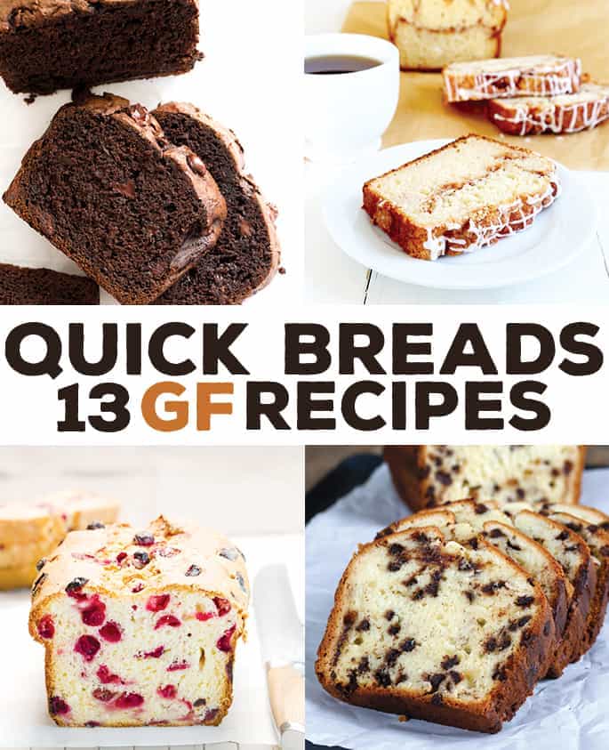 These 13 gluten free quick bread recipes for everything from banana, cinnamon swirl and cranberry to zucchini and pumpkin, and from savory to sweet.