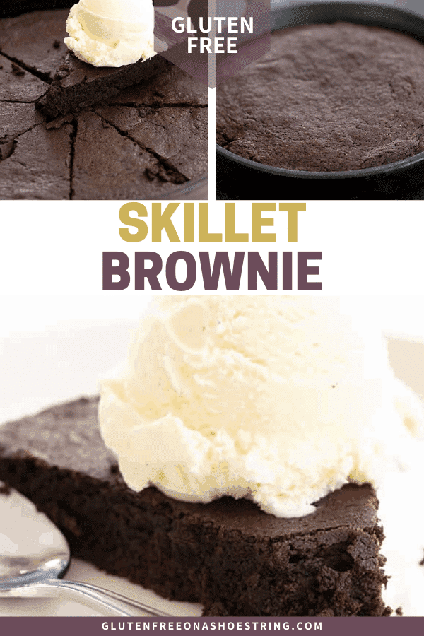 Baked unsliced, baked and sliced, and a slice of skillet brownie on a plate with a scoop of vanilla ice cream