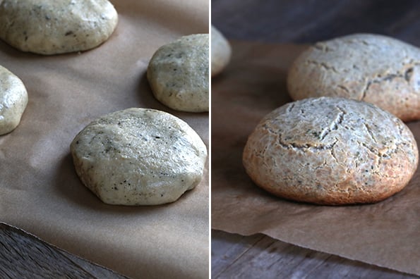 raw and baked paleo rolls on brown surface 