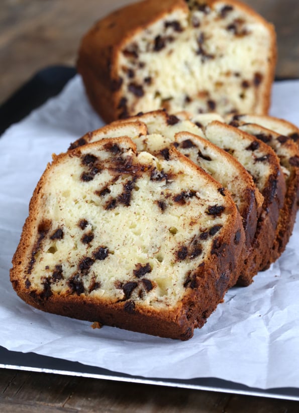 Gluten Free Chocolate Chip Yogurt Quick Bread A fallen over stack of 4 slices of chocolate chip yogurt bread