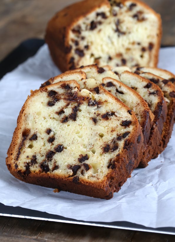 A fallen over stack of 4 slices of chocolate chip yogurt bread