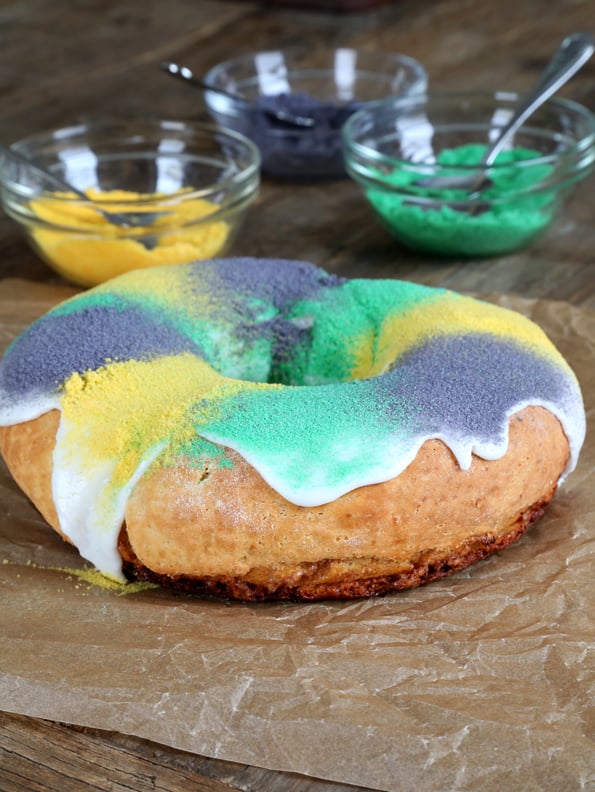 Whole, round gluten free king cake with hole in center