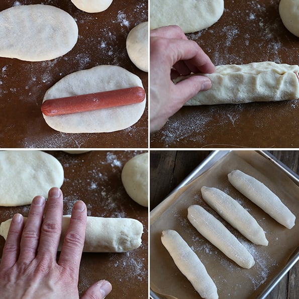 hot dog being placed in breadstick