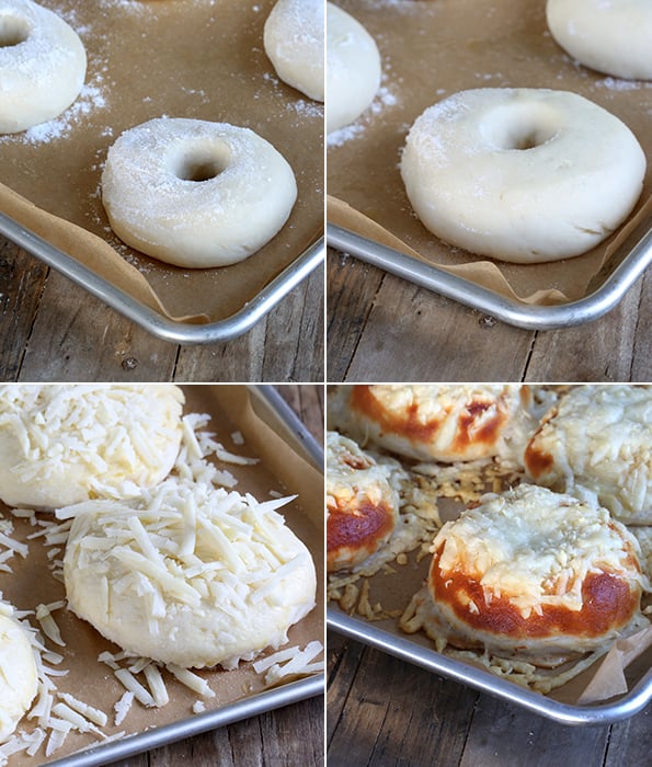 Bagel dough and bagels on metal tray